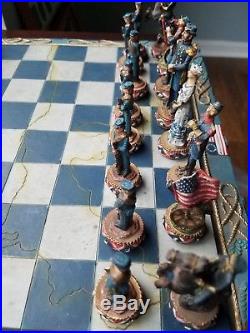 Hand painted Civil War collectible resin chess set. Confederate, Union armies