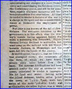 Historic CAPTURE OF NEW ORLEANS Louisiana Civil War 1862 CONFEDERATE Newspaper