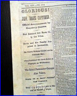 JEFFERSON DAVIS Confederate Leader Irwinville GA Georgia CAPTURED 1865 Newspaper