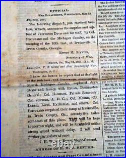 JEFFERSON DAVIS Confederate Leader Irwinville GA Georgia CAPTURED 1865 Newspaper