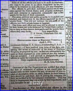 LEE'S SURRENDER Confederate Army Appomattox Court House 1865 Civil War Newspaper