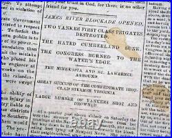 MONITOR VS MERRIMAC Battle of Hampton Roads Civil War 1862 CONFEDERATE Newspaper