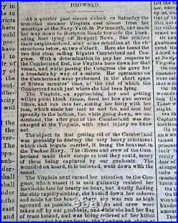 MONITOR VS MERRIMAC Battle of Hampton Roads Civil War 1862 CONFEDERATE Newspaper