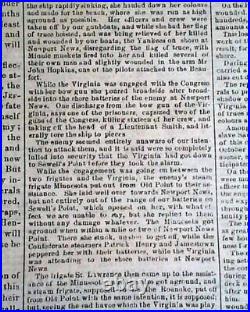 MONITOR VS MERRIMAC Battle of Hampton Roads Civil War 1862 CONFEDERATE Newspaper