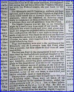 MONITOR VS MERRIMAC Battle of Hampton Roads Civil War 1862 CONFEDERATE Newspaper