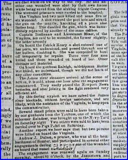 MONITOR VS MERRIMAC Battle of Hampton Roads Civil War 1862 CONFEDERATE Newspaper