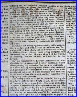 MONITOR VS MERRIMAC Battle of Hampton Roads Civil War 1862 CONFEDERATE Newspaper