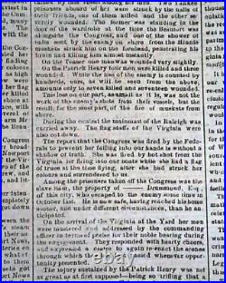 MONITOR VS MERRIMAC Battle of Hampton Roads Civil War 1862 CONFEDERATE Newspaper