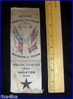 ORIGINAL 1893 HOUSTON TX UCV CONFEDERATE CIVIL WAR SILK REUNION RIBBON TEXAS