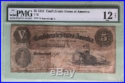 ORIGINAL Hand Signed Civil War 1861 Confederate $5 Rare T-32 Note PMG 12 FINE