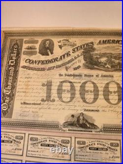 Original 1863 Civil War Confederate States $1000 War Bond with Coupons