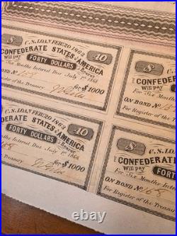 Original 1863 Civil War Confederate States $1000 War Bond with Coupons