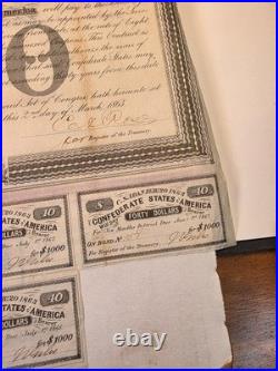 Original 1863 Civil War Confederate States $1000 War Bond with Coupons