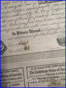 Original 1863 Confederate States Of America Civil War Bond No. 22532