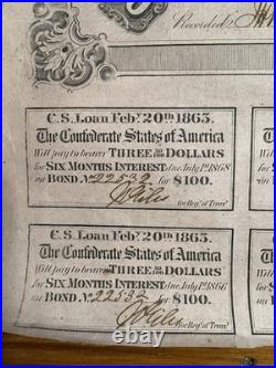 Original 1863 Confederate States Of America Civil War Bond No. 22532