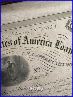 Original 1863 Confederate States Of America Civil War Bond No. 22532
