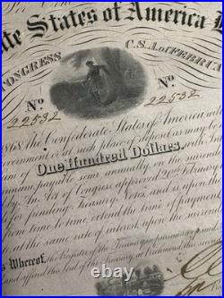 Original 1863 Confederate States Of America Civil War Bond No. 22532