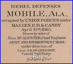 Original Antique CSA US Civil War Map Confederate Defenses MOBILE Alabama AL