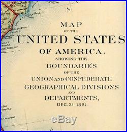 Original Antique Civil War Map UNION & CONFEDERATE BOUNDARIES December 31, 1861