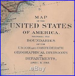 Original Antique Civil War Map UNION & CONFEDERATE BOUNDARIES of April 9, 1865