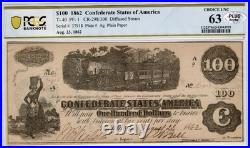 PCGS 63 T-40 1862 Confederate States $100 Civil War Wilmington Banknote Currency