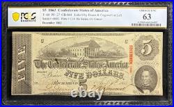 PCGS 63 T-60 1863 Confederate States $5 CSA Civil War Obsolete Banknote Currency