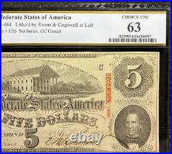 PCGS 63 T-60 1863 Confederate States $5 CSA Civil War Obsolete Banknote Currency