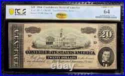 PCGS 64. T-67 1864 Confederate States $20 Civil War Obsolete Banknote Currency