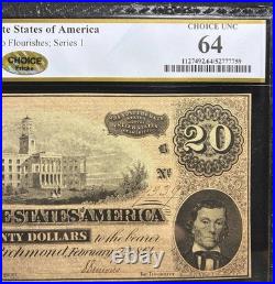 PCGS 64. T-67 1864 Confederate States $20 Civil War Obsolete Banknote Currency