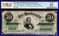 PCGS CU 63. T-57 $50 1863 Confederate States Civil War Obsolete Currency