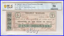 PCGS ChAU58 $5 1862 Texas Austin Treasury Warrant Confederate Banknote Civil War