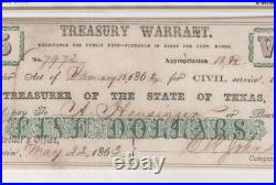 PCGS ChAU58 $5 1862 Texas Austin Treasury Warrant Confederate Banknote Civil War