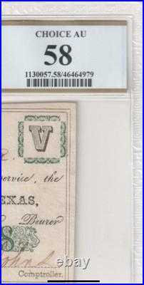 PCGS ChAU58 $5 1862 Texas Austin Treasury Warrant Confederate Banknote Civil War