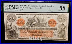 PMG 58 CT-19 $20 1861 Confederate States Civil War Contemporary Counterfeit Note