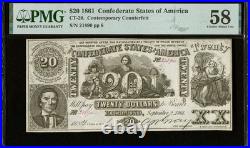 PMG 58 CT-20 $20 1861 Confederate States Civil War Contemporary Counterfeit Note