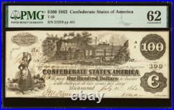 PMG 62 T-39 $100 1862 WT Goodwin Signature Confederate States Banknote Civil War
