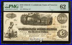PMG 62. T-40 1862 Confederate States $100 Civil War Augusta GA Banknote Currency