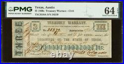 PMG 64. 1864 Texas Austin $3 Treasury Warrant, Confederate Banknote Civil War