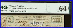 PMG 64. 1864 Texas Austin $3 Treasury Warrant, Confederate Banknote Civil War