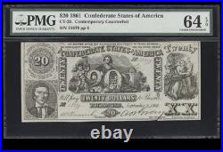 PMG 64 CT-20 $20 1861 Confederate States Civil War Contemporary Counterfeit Note