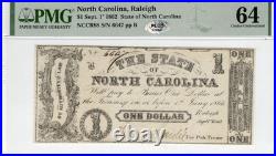 PMG 64. NORTH CAROLINA 1862 Raleigh Confederate Civil War $1 Banknote Currency