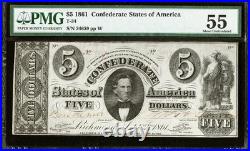 PMG AU55. T-34 $5 1861 Confederate States Civil War Obsolete Banknote Currency