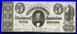 PMG AU55. T-34 $5 1861 Confederate States Civil War Obsolete Banknote Currency