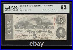 PMG CU 63. T-60 1863 Confederate States $5 Civil War Obsolete Banknote Currency