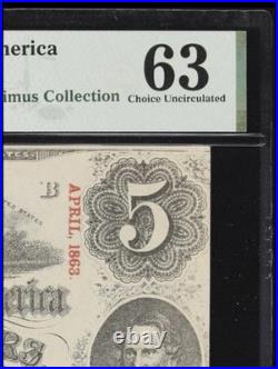 PMG CU 63. T-60 1863 Confederate States $5 Civil War Obsolete Banknote Currency