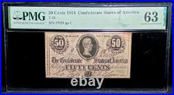 PMG CU 63. T-72 1864 Confederate States 50c Civil War Obsolete Banknote Currency