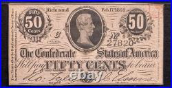 PMG CU 63. T-72 1864 Confederate States 50c Civil War Obsolete Banknote Currency