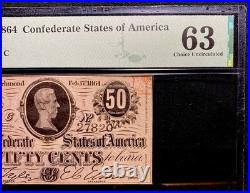PMG CU 63. T-72 1864 Confederate States 50c Civil War Obsolete Banknote Currency