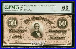 PMG CU63. T-66 $50 1864 Confederate States Civil War Obsolete Banknote Currency