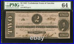 PMG ChUNC64 T-54 1862 Confederate States $2 Civil War Obsolete Banknote Currency